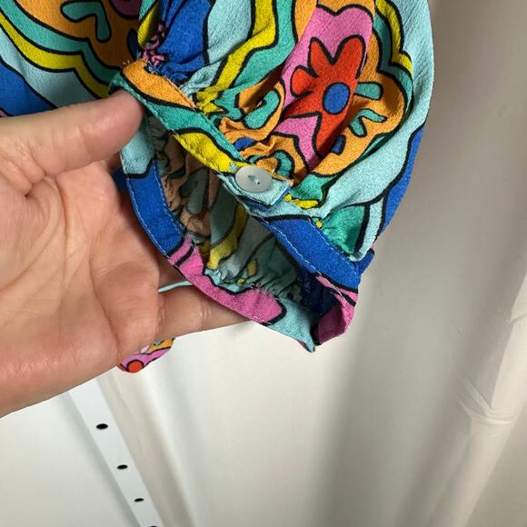 John Mark‎ Pink Blue Geometric Floral V-neck Blouse M Colorful Retro Boho Artsy - Picture 5 of 10